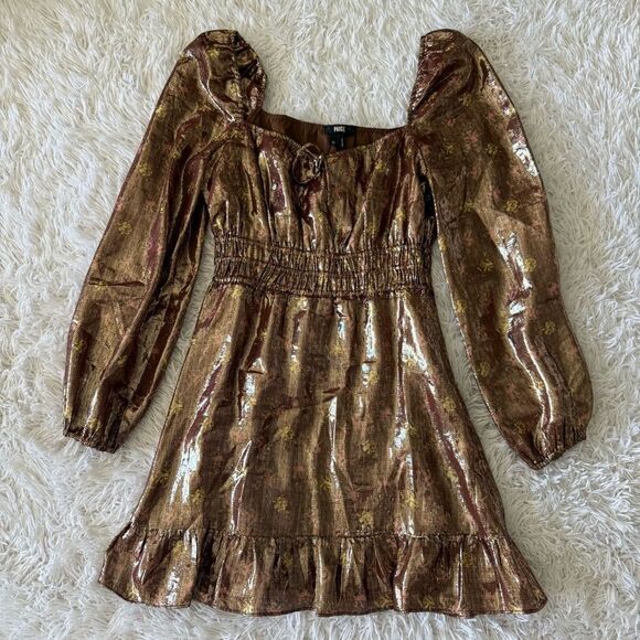 Paige Bronze Metallic Silk Peasant Style Floral Mini Dress M - Picture 7 of 10